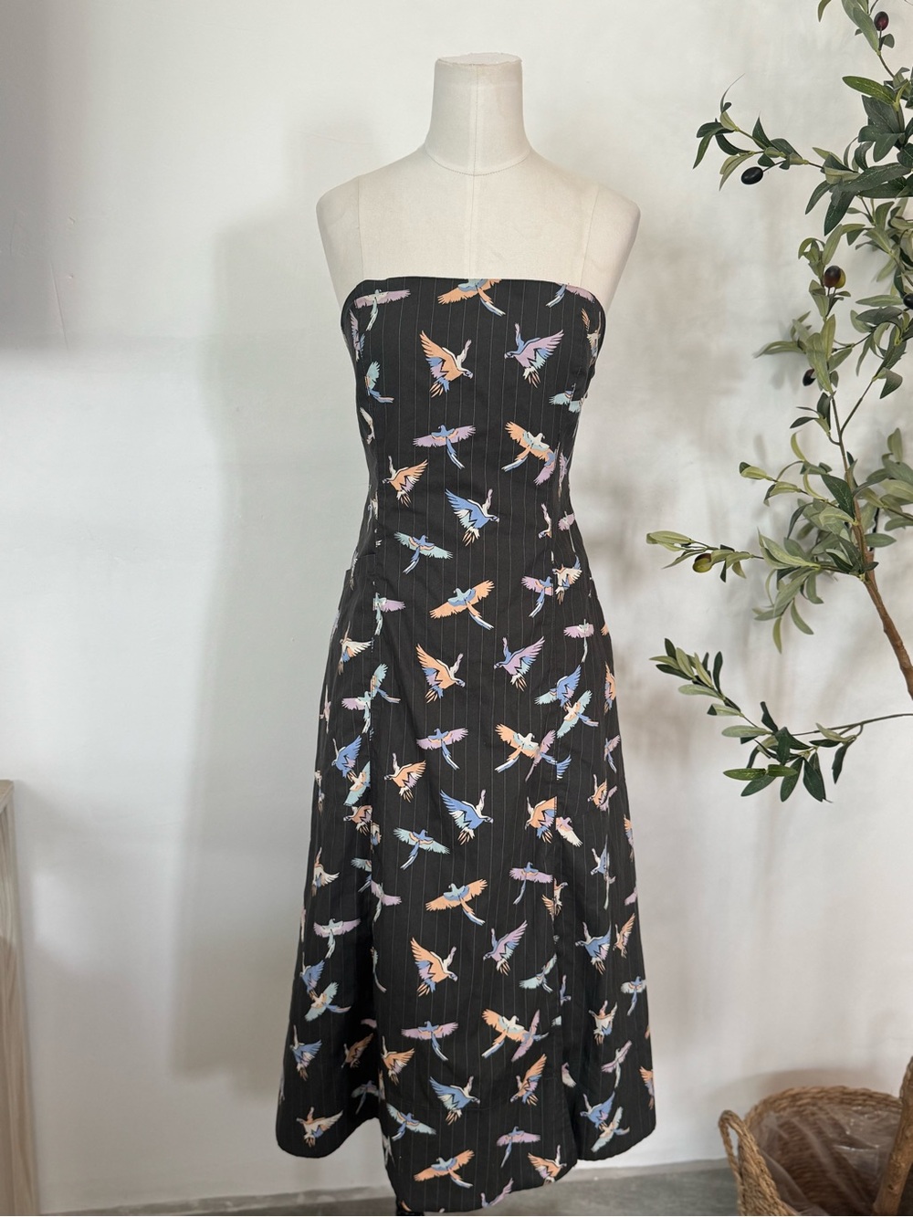 Free People Strapless Midi Dress Size 10 Black Bird Print Smocked Back Boho